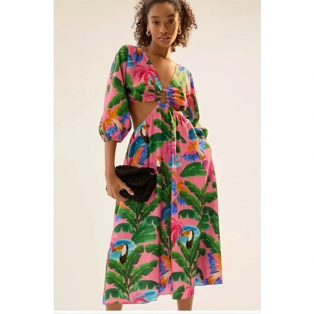 Anthropologie XL FARM RIO X ANTHROPOLOGIE PRINTED V-NECK CUTOUT DRESS - Picture 3 of 4